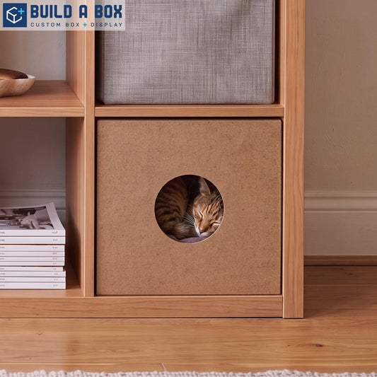 Kraft cardboard cat house in cube shelf