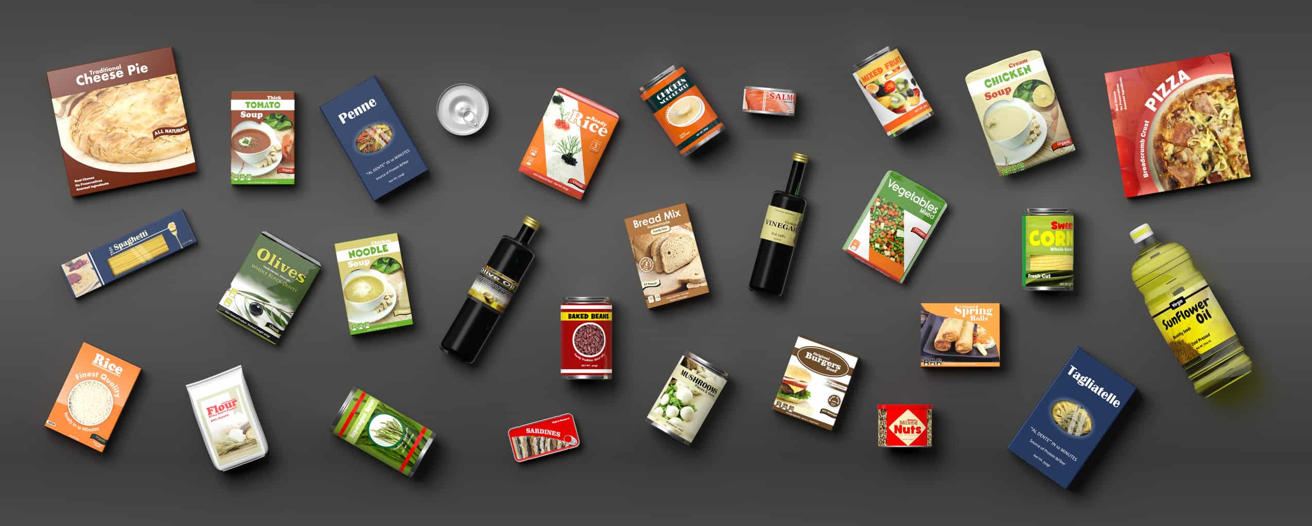 Collection of packaged food on grey background. 3d illustration Build